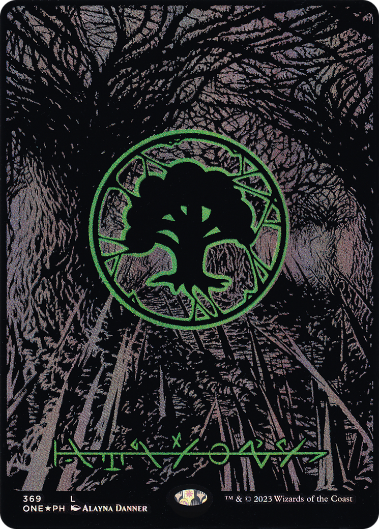 Forest (369) (Oil Slick Raised Foil) [Phyrexia: All Will Be One]